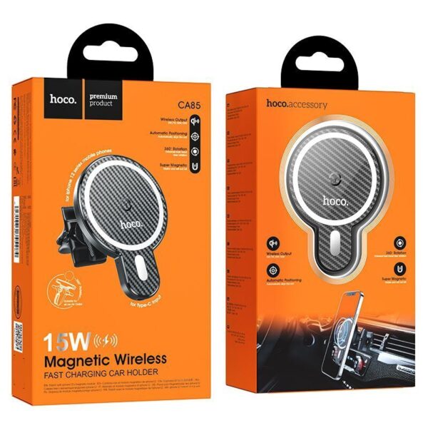 Hoco CA85 15W Magnetic Wireless Charger Air VentCar Holder - Black - Image 2
